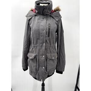Vans Parka Jacket Women's M Gray Lined Faux Fur Trim Hooded Mock Neck Full Zip